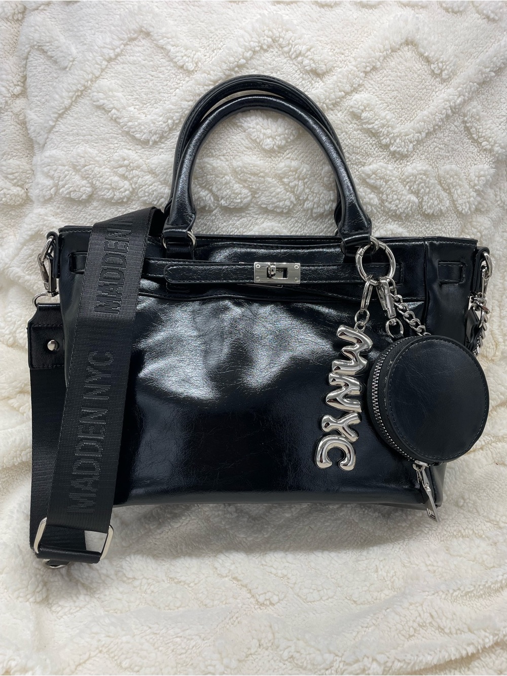 Steve Madden/ Madden NYC Black Patent Satchel with Branded Strap and Coin Pouch
